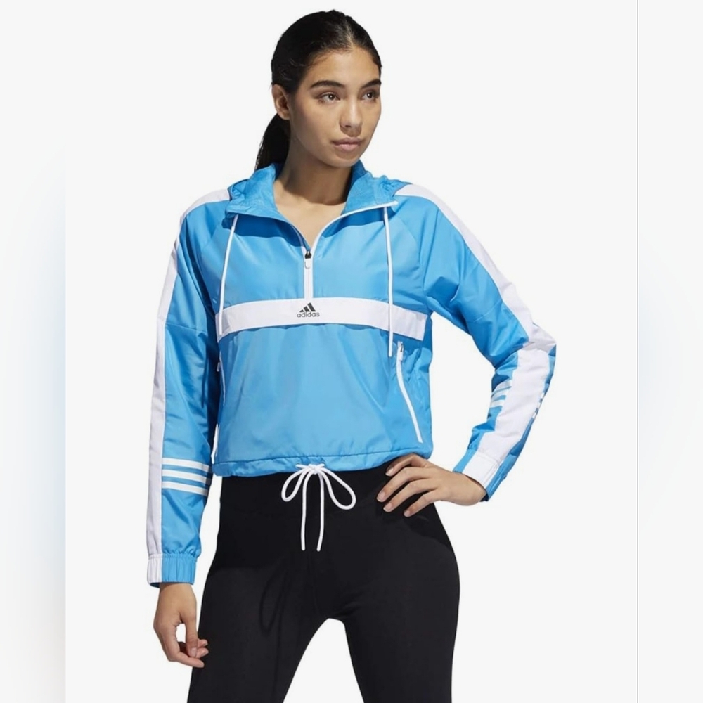 adidas Women's Half-Zip ID Pullover Windbreaker Jacket (Shock Cyan, XS)